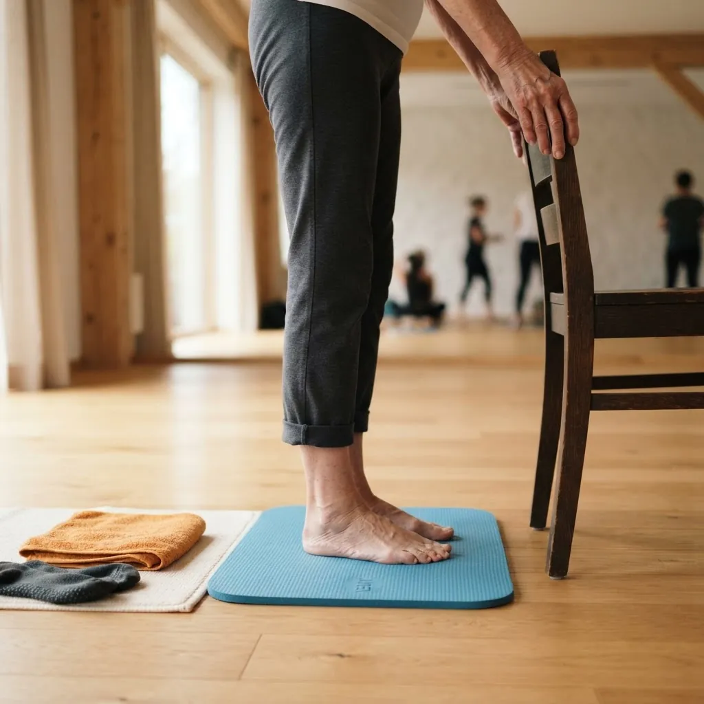 Füße stehen sicher auf einer weichen Balance-Matte, Hand an der Stuhllehne (Symbolbild)