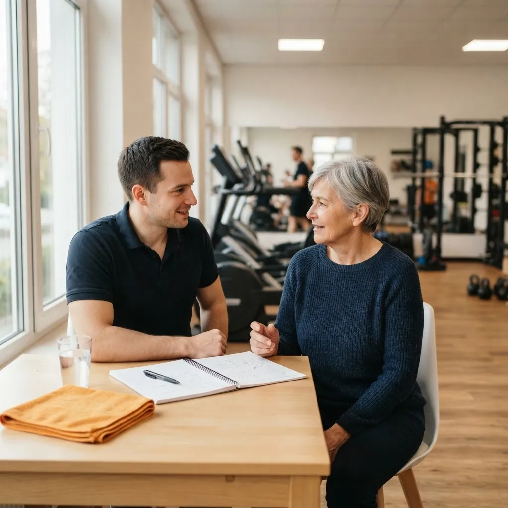 Kursleiter und Teilnehmerin im ruhigen Vorgespräch am Tisch (Symbolbild)